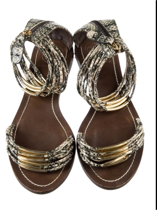 Tory Burch Shoes - TORY BURCH MIGNON BRAIDED BROWN SNAKESKIN ANKLE STRAP SANDALS WITH GOLD ACCENTS